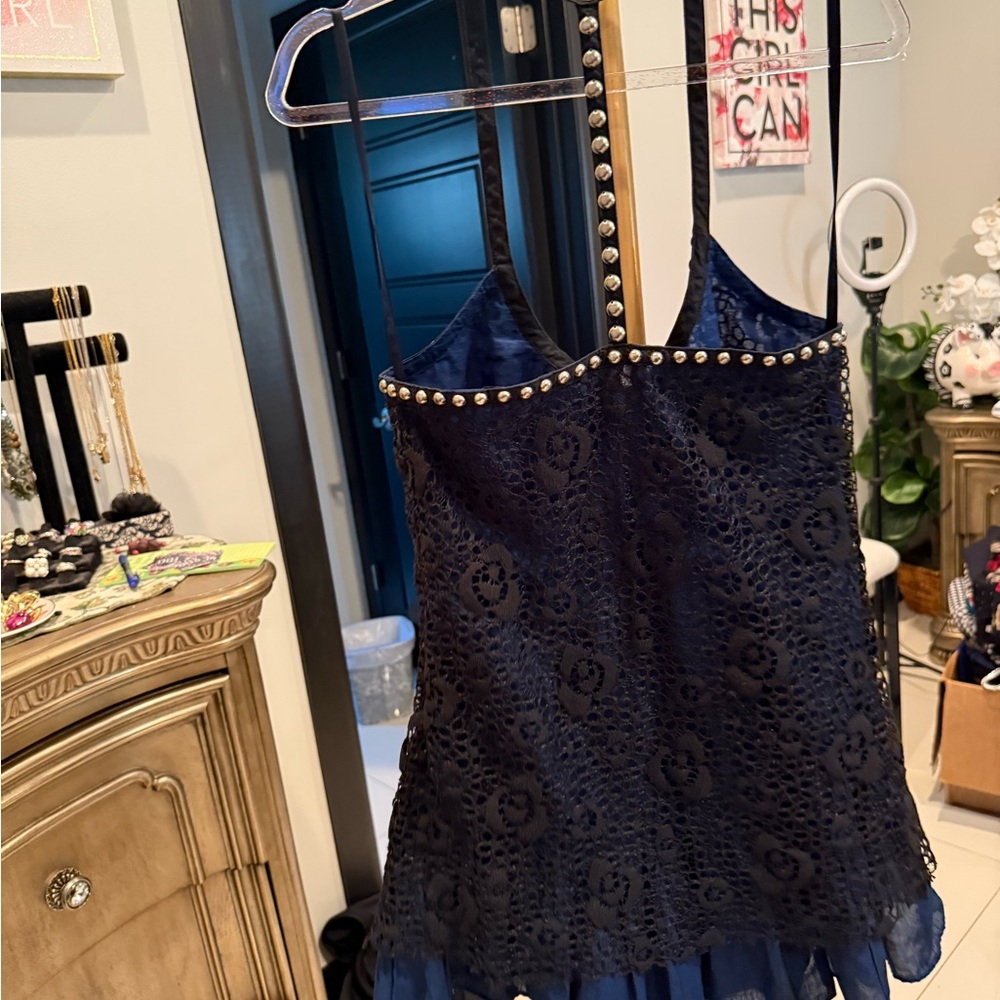 Free People Chic Navy Lace Dress with Pearl Details - Picture 5 of 11